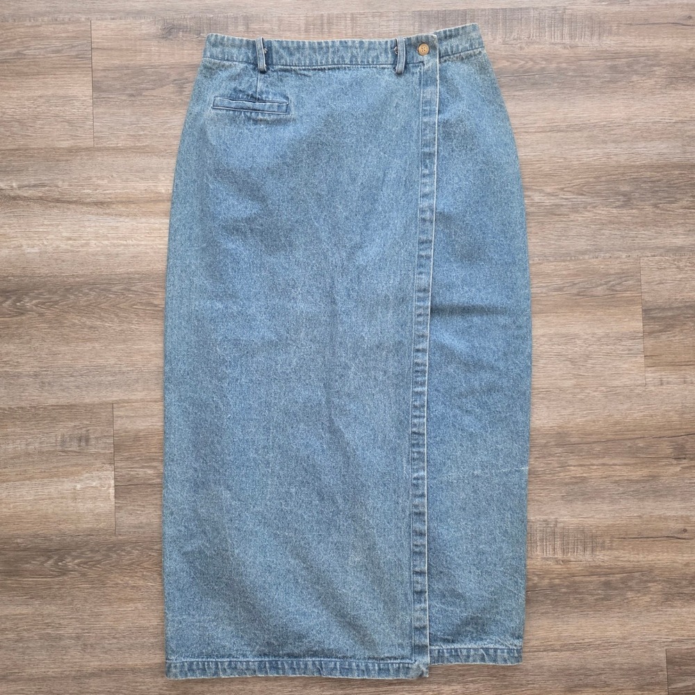 Vintage British Khaki Blue Denim Wrap Midi Skirt 90s Casual 12 <3